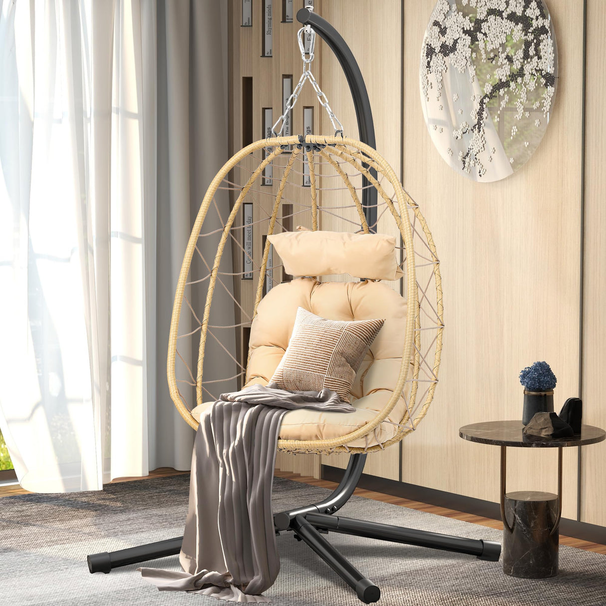 DWVO Egg Hanging Swing Chair with Stand Egg Chair Wicker Egg Chair with Cushions 330lbs for Patio, Bedroom, Garden and Balcony, Beige DWVO