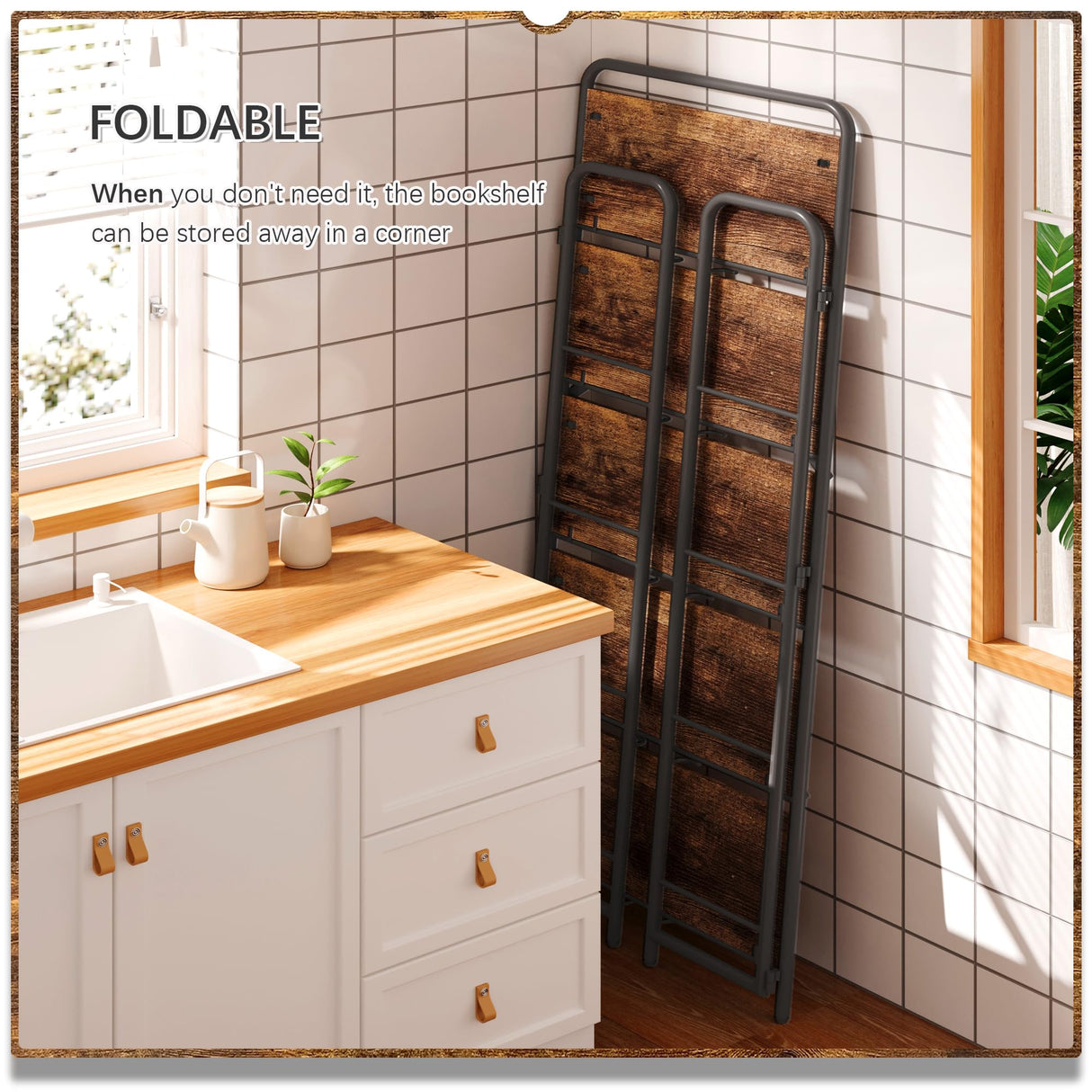 4NM No Assembly Folding Bookshelf, 5 Tier Vintage Industrial Book Shelf,Metal Foldable Storage Bookcase and Bookshelves for Living Room,Bedroom and Kitchen - Rustic Brown 4NM