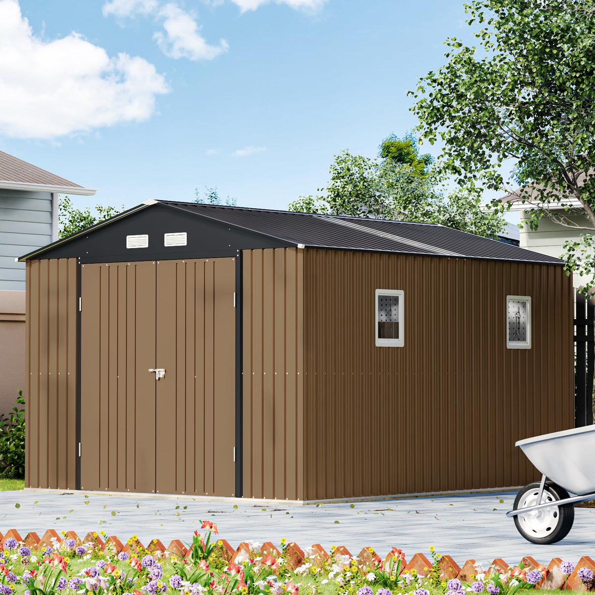 10X12X7.5 FT Outdoor Steel Storage Shed with Lockable Doors, 2 Windows, Transparent Roof Panels, Metal Frame Floor (Wood Panels Not Included), Ideal for Backyard, Patio Storage,Chicken Coop，Brown Mistmo