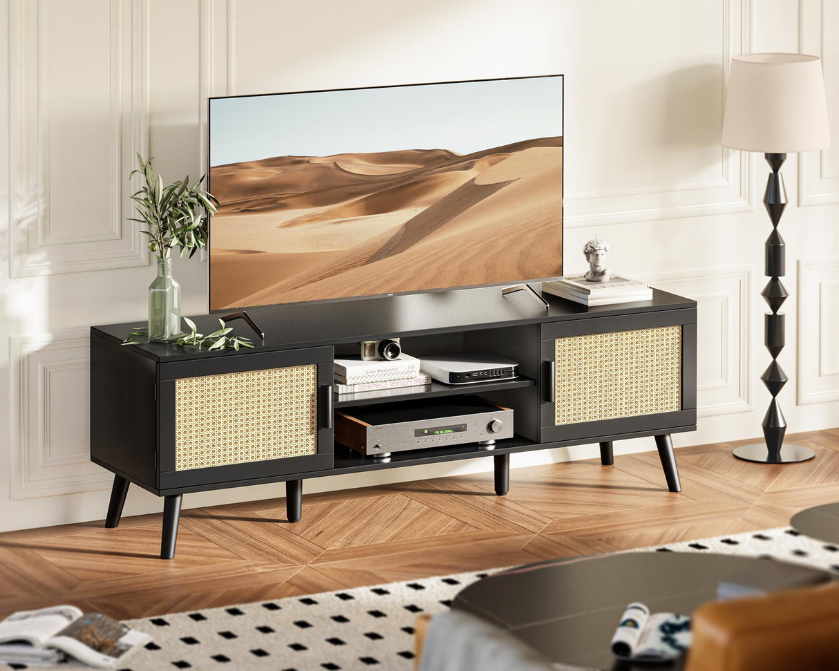SUPERJARE 65 Inch TV Stand, Entertainment Center with Adjustable Shelf, Rattan TV Console with 2 Cabinets, Media Console, Solid Wood Feet, 4 Cord Holes, for Living Room, Black SUPERJARE