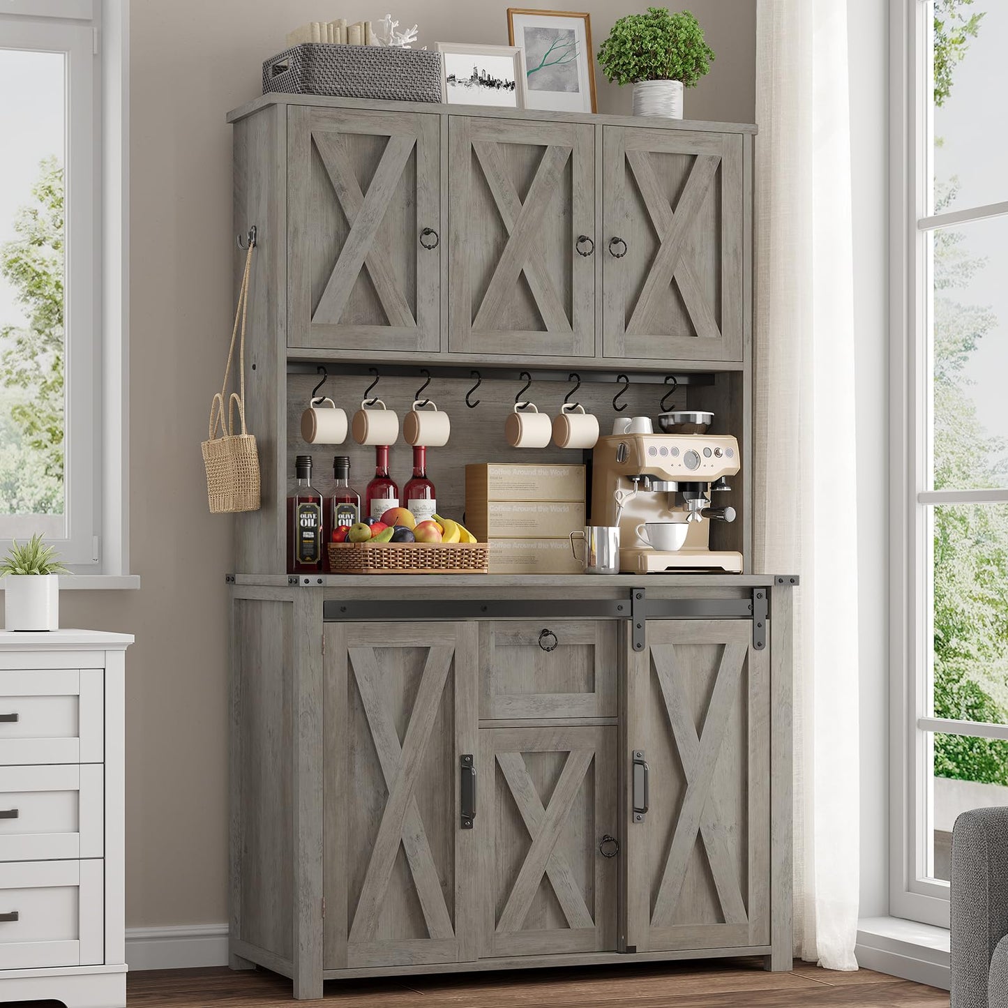 YIDUNLIFE Kitchen Pantry Cabinet, Farmhouse Kitchen Cabinet with Drawer, Sliding Barn Doors Kitchen Storage Cabinets with Adjustable Shelves for Dining Room, Grey