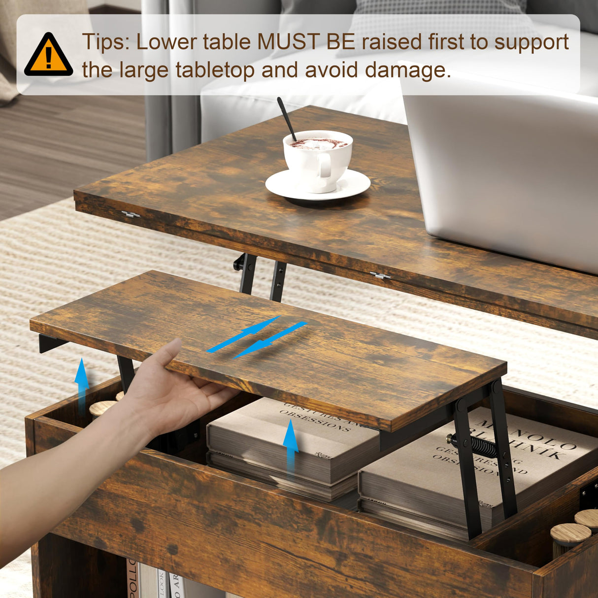 Manora 40'' Farmhouse Multi-Functional Lift-Top Coffee Table with Hidden Storage & Open Shelf, 4-in-1 Convertible Center Table for Living Room, Small Spaces, Dining or Home Office Workstation (Brown) Manora