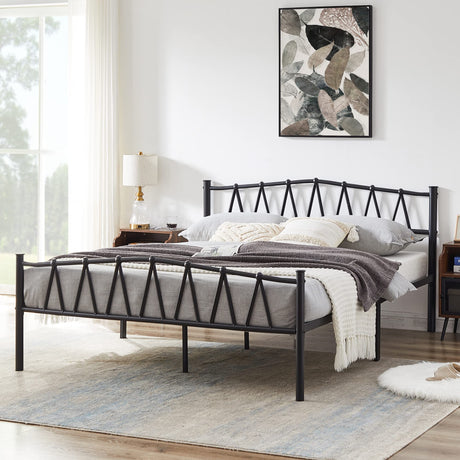 VECELO Queen Size Bed Frame, Bohemian Style Headboard,Queen Platform Mattress Base/Underbed Storage Space/No Box Spring Needed, Heavy Duty Bed Frame, Black VECELO