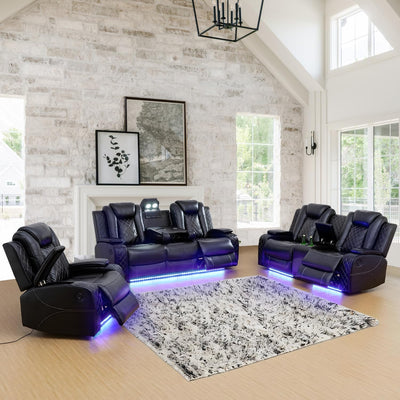 Ocstta Power Leather Recliner Sofa Set with LED Lights,Living Room Furniture Set, Breathing Leather Sofa Couch with USB Port/Storage Console/Cup Holders (3 Pieces Reclining Sofa Set, Black)