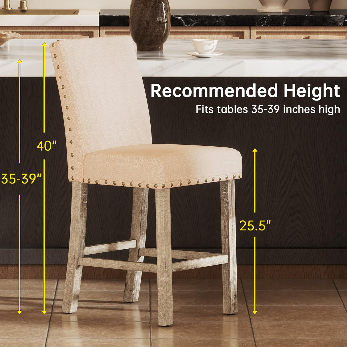 Bar Stools Set of 4, 25.5' Farmhouse Counter Height Barstools, Linen Upholstered Bar Chairs with Ergonomic Backrest and Wood Legs for Kitchen Island, Home Bar, Beige Farati