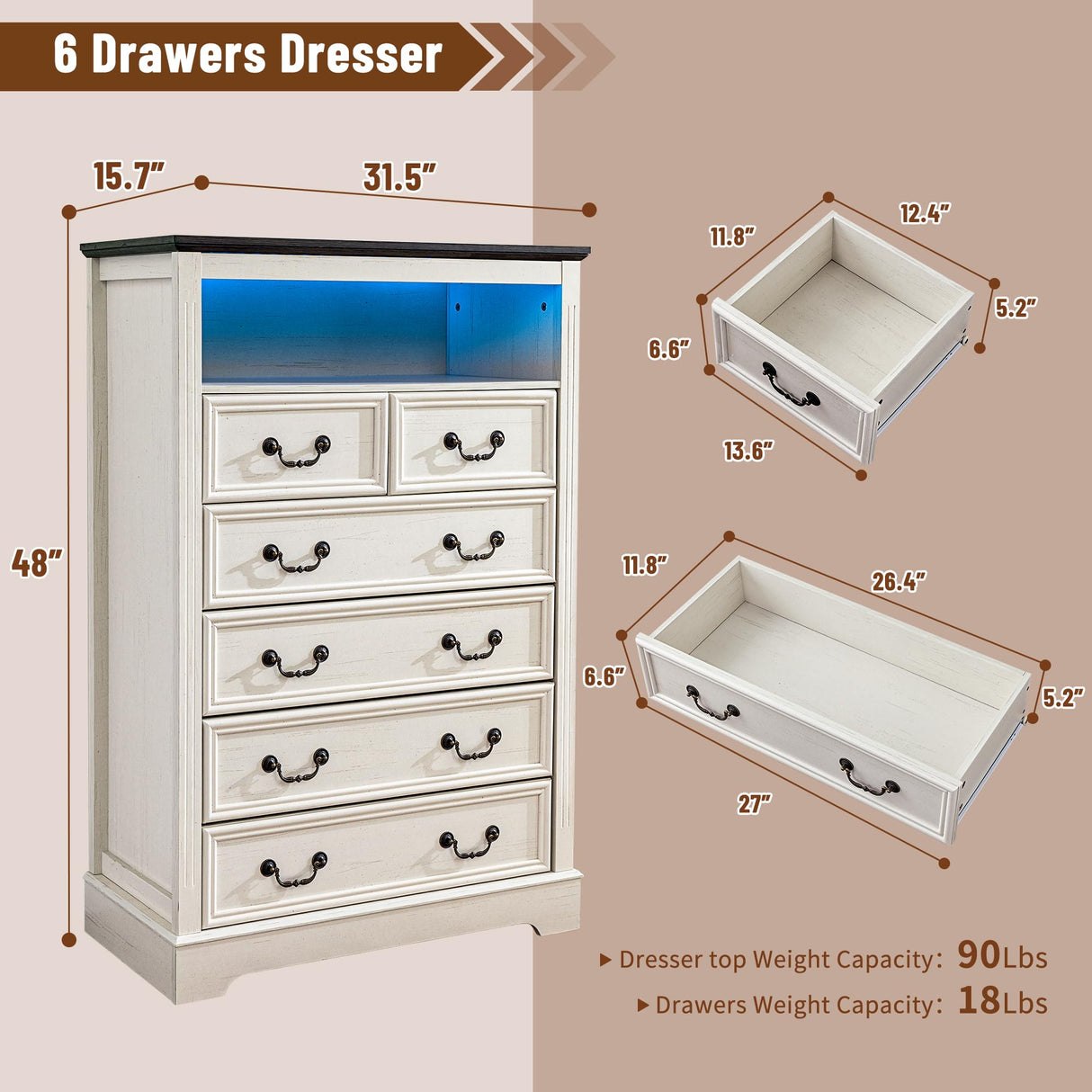 Homkdom Dresser for Bedroom with Charging Station & LED Light, White Dresser & Chests of Drawers with 6 Drawers, Farmhouse Tall Dressers for Bedroom Homkdom