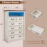 Homkdom Dresser for Bedroom with Charging Station & LED Light, White Dresser & Chests of Drawers with 6 Drawers, Farmhouse Tall Dressers for Bedroom Homkdom