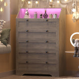 Wodeer Grey Dresser Tall 5 Drawer Dresser for Bedroom, Wood Chest of Drawers with LED Lights, Charging Station, Metal Handles, Modern Storage Cabinet and Organizer Drawers for Living Room, Hallway Wodeer