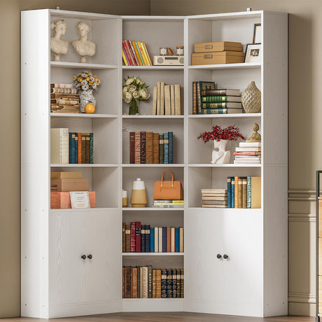 IRONCK Corner Bookshelf and Bookcase with 2 Storage Cabinets and 7 Tier Shelves, 71" Height Storage Shelves Corner Combination, White IRONCK