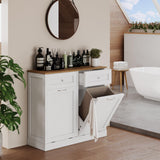 Yongchuang Double Tilt Out Trash Can Cabinet 20 Gallon, Kitchen Wooden Hidden Garbage Can Cabinet with Drawer, Tilt Out Laundry Hamper Cabinet with Storage White Yongchuang