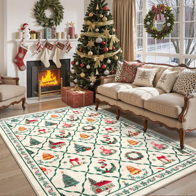 LIVEBOX Machine Washable Christmas Area Rug 5x7 - Moroccan Rug Thin Non-Slip Christmas Rugs for Living Room Bedroom,Large Neutral Low-Pile Green Rugs for Dining Room Office, Beige/Green