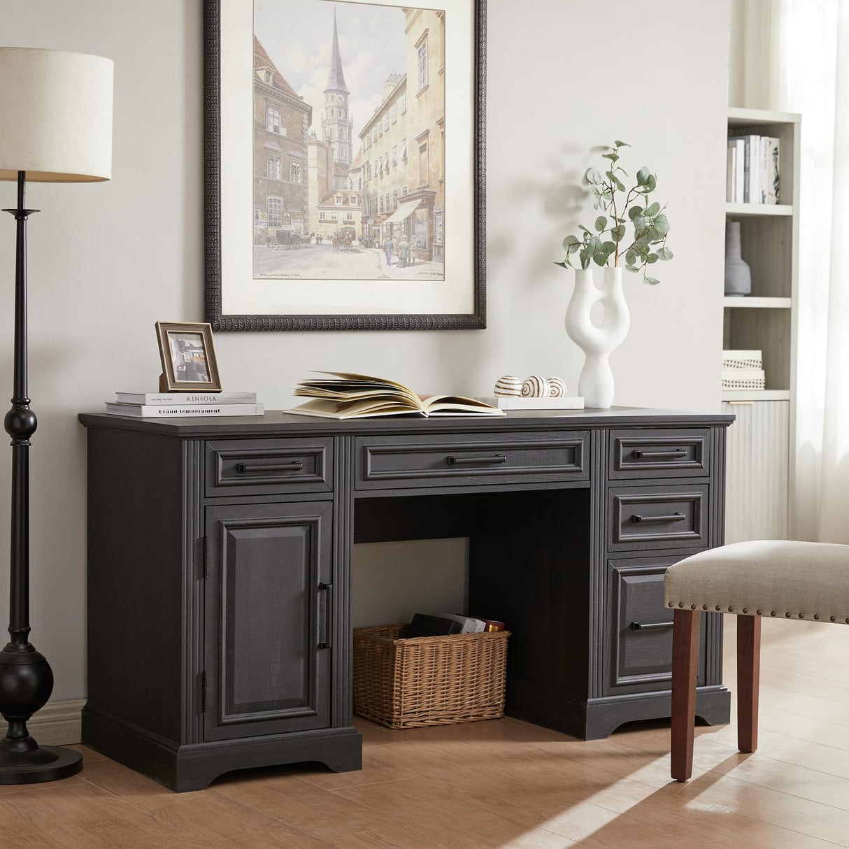 JXQTLINGMU Farmhouse 58" Executive Desk, Computer Desk with Drawers and Storage Cabinet, Workstation for Home Office, Black JXQTLINGMU