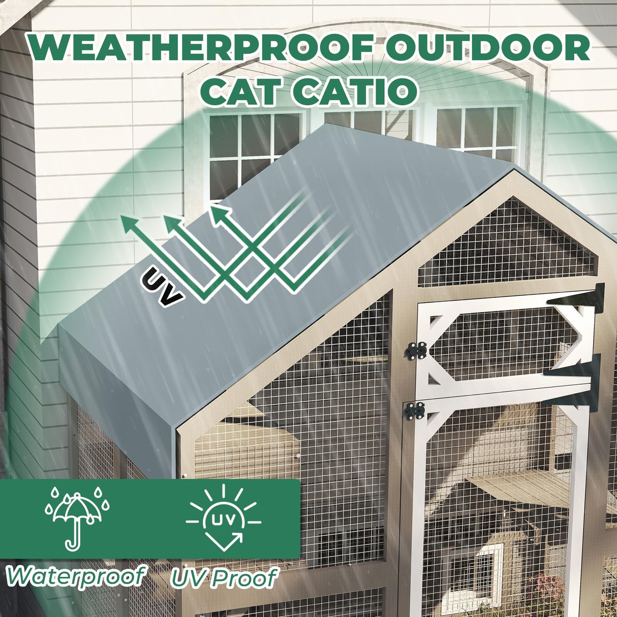 71" H Catio Outdoor Cat Enclosure Weatherproof, Large Walk-in Cat House Attached Window for Multiple Cats, Waterproof Cat Cage Kitty Enclosure Outside with 2 Condos, 6 Platforms Magazoopet