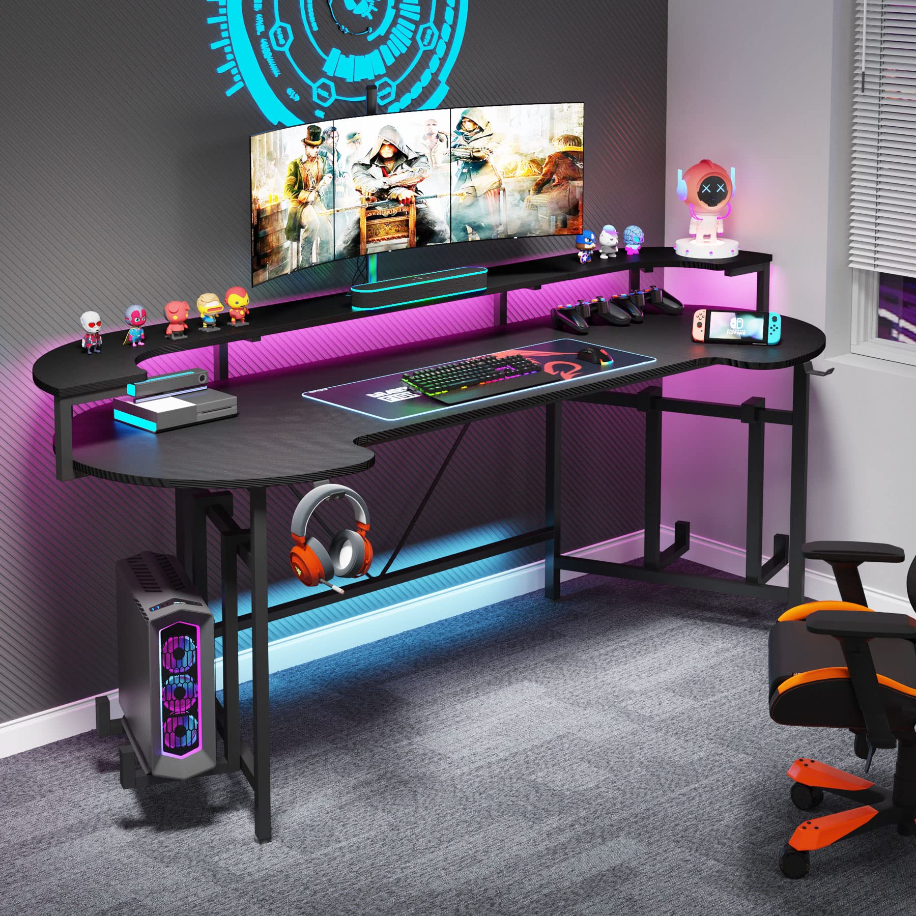 Tribesigns 75 Inch Gaming Desk with Monitor Shelf, Large PC Computer Desk with LED Lights, Gaming Table Gamer Desk for Bedroom, Home Office, Black - WoodArtSupply