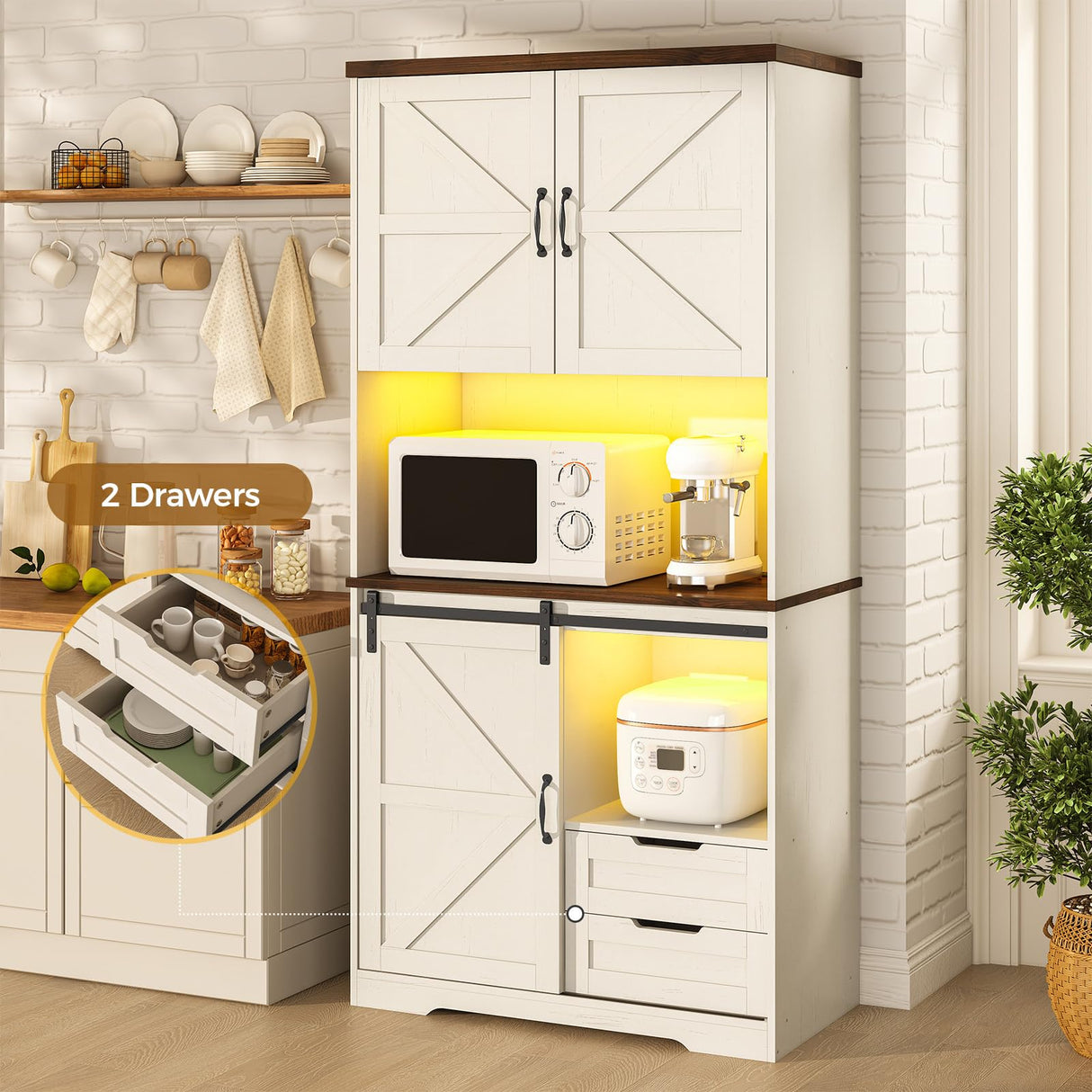 UPOSOJA Farmhouse Kitchen Pantry Storage Cabinet with Drawers & Shelves, Freestanding Hutch and Adjustable Shelves, Versatile Storage for Kitchen, Dining Room, Living Room (Old White) UPOSOJA