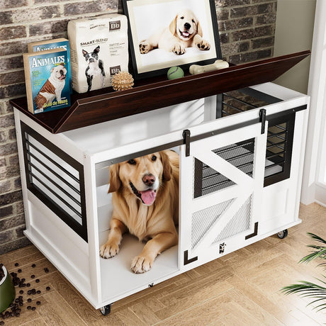 kepptory 47 inch XL Dog Crate Furniture with Top-Access Teasing/Feeding Doors, Farmhouse Wooden Decorative Dog Crates with Wheels, Chew-Resistant Dog Crates End Table for Medium&Large Dogs, White kepptory
