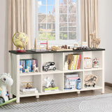 Joaxswe 8 Cube Book Shelf, Farmhouse Wood Long Storage Organizer Bookcase, 62" Horizontal Antique White & Black Console Bookshelf, Kids Toy Storage Cabinet, Modern Open Book Case for Playroom, Office Joaxswe