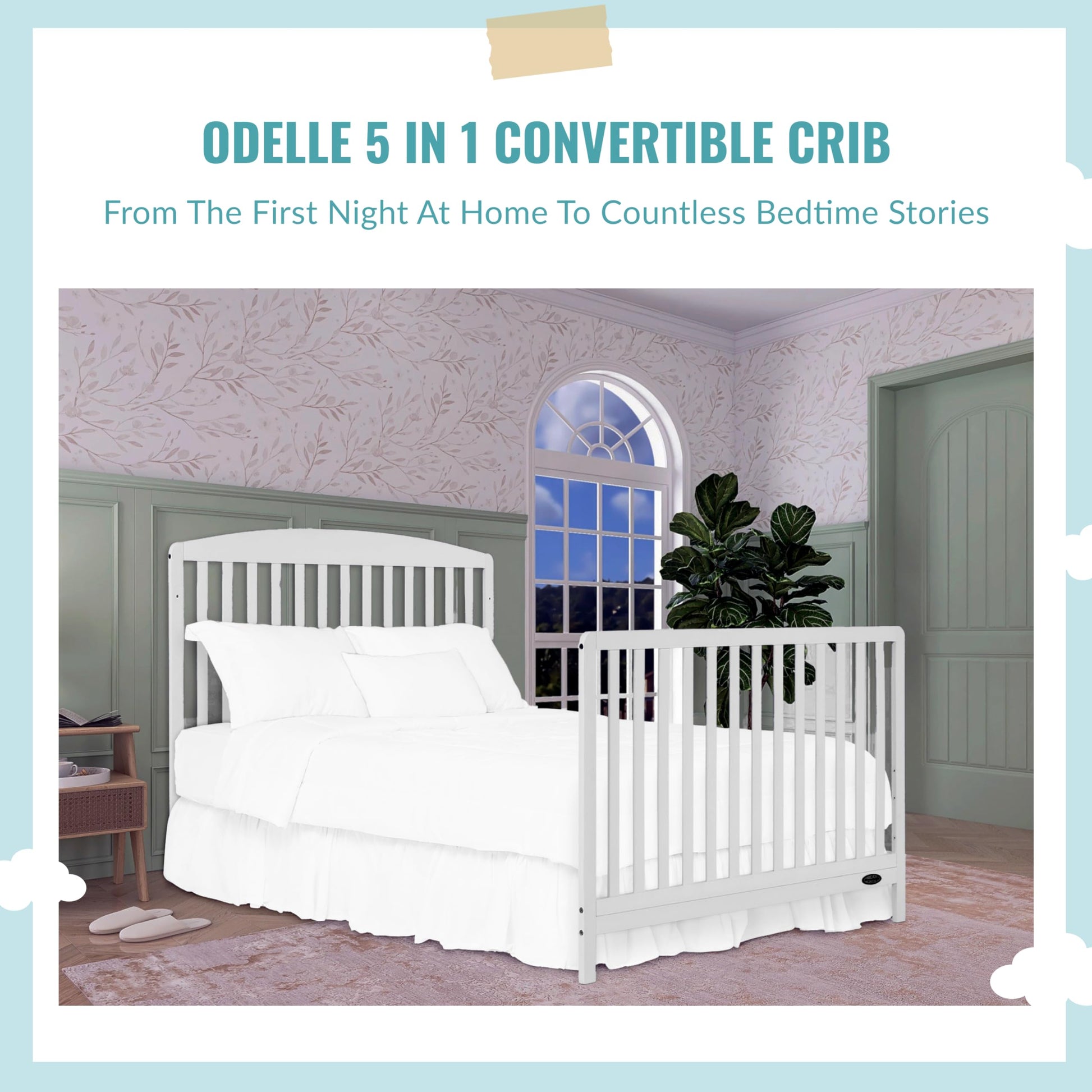 Dream On Me JPMA & Greenguard Gold Certified Odelle 5 in 1 Convertible Crib in White, Built of Sustainable Pinewood, 3 Mattress Height Settings, Non-Toxic Water-Based Paint Finish - WoodArtSupply