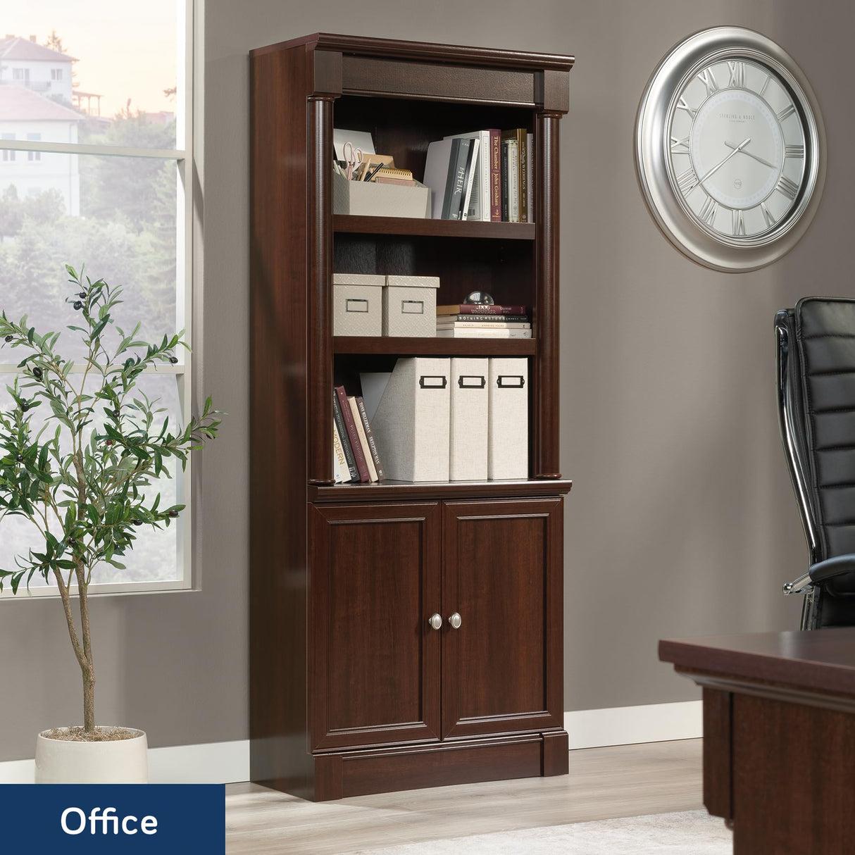 Sauder Palladia Book Shelf, Bookshelf with Storage, Library Bookcase with Doors and Adjustable Shelves, in Select Cherry finish Sauder