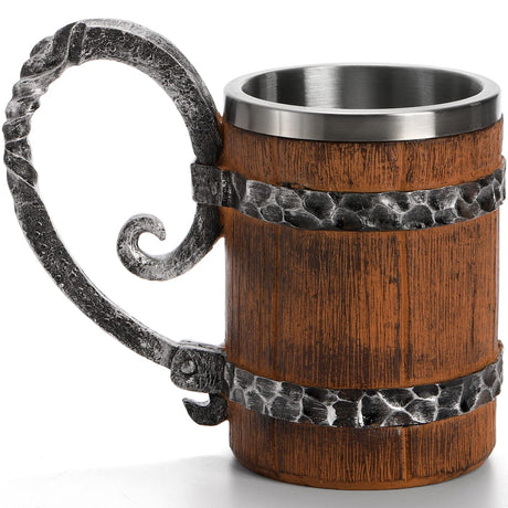 Yopay Wooden Barrel Beer Mug, Double Wall Stainless Steel Vintage Beer Cup, Handmade Medieval Cocktail Wooden Stein Drinkware with Handle, Antique Bucket Mug for Men Coffee Beverage Juice, 19OZ Yopay