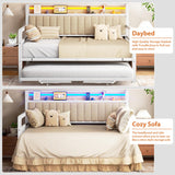 Daybed with Trundle and LED Light, Heavy Duty Metal Full Bed Frame with Upholstered Storage Headboard & Charging Station, Day Bed Pop Up Trundle Bed for Living Room,Bedroom and Guest Room, White Jocoevol