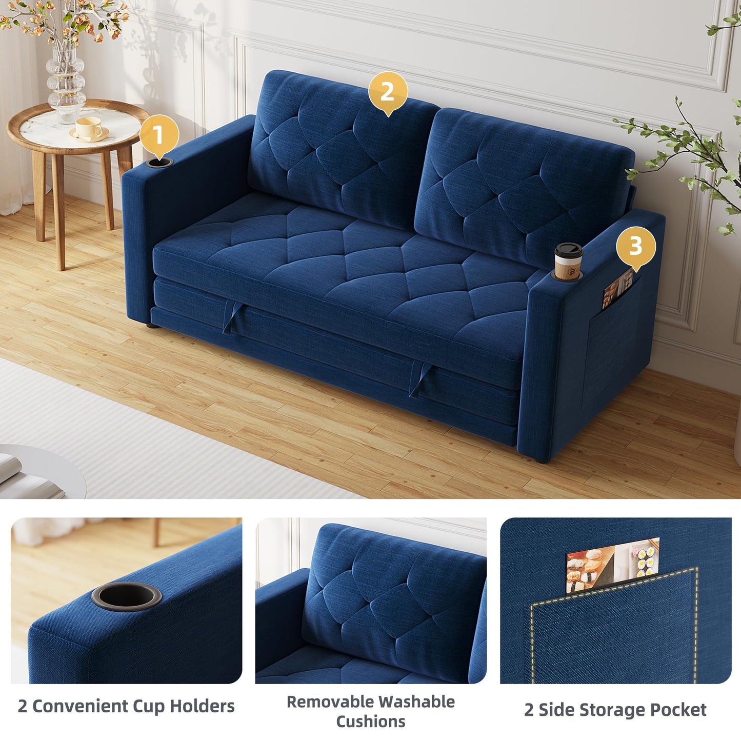 Lvifur 3-in-1 Loveseat Sleeper Sofa, Pull Out Sleeper Couch Full Size, Foldable Futon Sofa Bed for Small Space, Convertible Floor Couch with Side Pockets for Living Room (Blue)