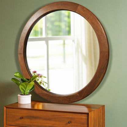 Round Mirror 36 Inch,Wood Rustic Bathroom Tempered Wall Mirror with Walnut Frame,Farmhouse Wooden Vanity Circle Mirror for Living Room,Entryway or Bedroom（Walnut Brown） - WoodArtSupply