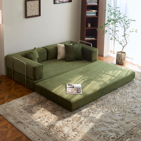 LIAROO 78.8" Convertible Sofa Bed - Compression Sofa with Corduroy Fabric - with Armrests and Backrest - Modular Sectional for Living Room, Bedroom, Studio - Compression Sofa in Box (Green) LIAROO