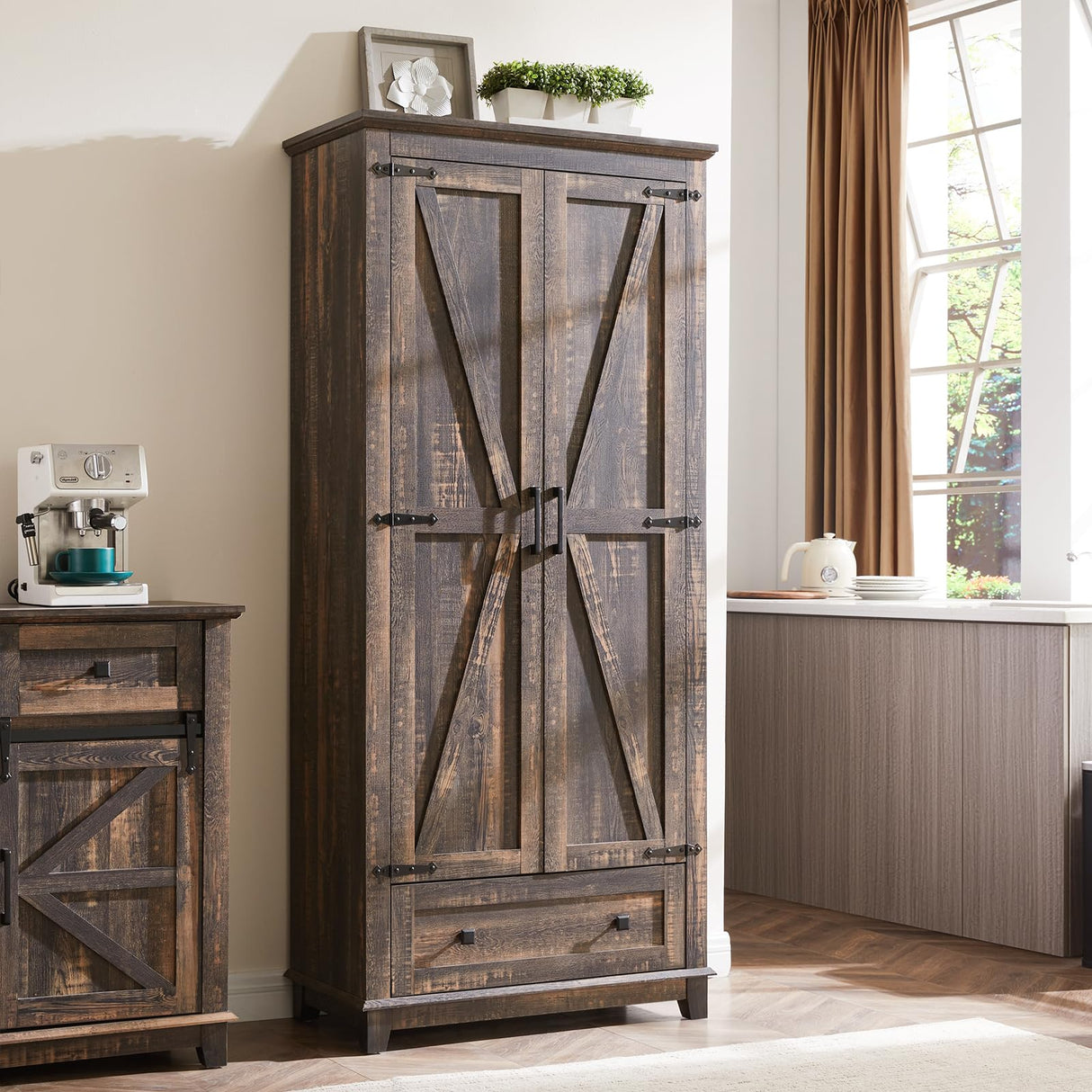 AMERLIFE 2 Pcs Farmhouse Kitchen Pantry Cabinet, 72" Tall Storage Cabinet with Adjustable Shelves & Barn Doors & Drawer, Freestanding Kitchen Cupboard for Dining Room, Living Room, Dark Rustic Oak AMERLIFE