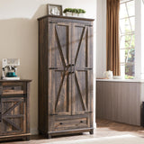 AMERLIFE 2 Pcs Farmhouse Kitchen Pantry Cabinet, 72" Tall Storage Cabinet with Adjustable Shelves & Barn Doors & Drawer, Freestanding Kitchen Cupboard for Dining Room, Living Room, Dark Rustic Oak AMERLIFE