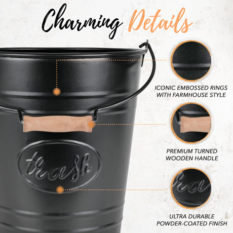 Autumn Alley Farmhouse Bathroom Trash Can - Decorative Rustic Black Trash Can Bucket with Wooden Handle for Bathroom, Bedroom, Office, Kitchen, Western Country Home Décor, 2 Gal., Matte Black Autumn Alley