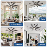 BvenuBigLite Large Ceiling Fans with Lights: Modern 72 Inch 8 Blade Outdoor Ceiling Fan with Remote APP Control - Dimmable Black Big Fan light Indoor Reversible 6 Speed Quiet DC Motor BvenuBigLite