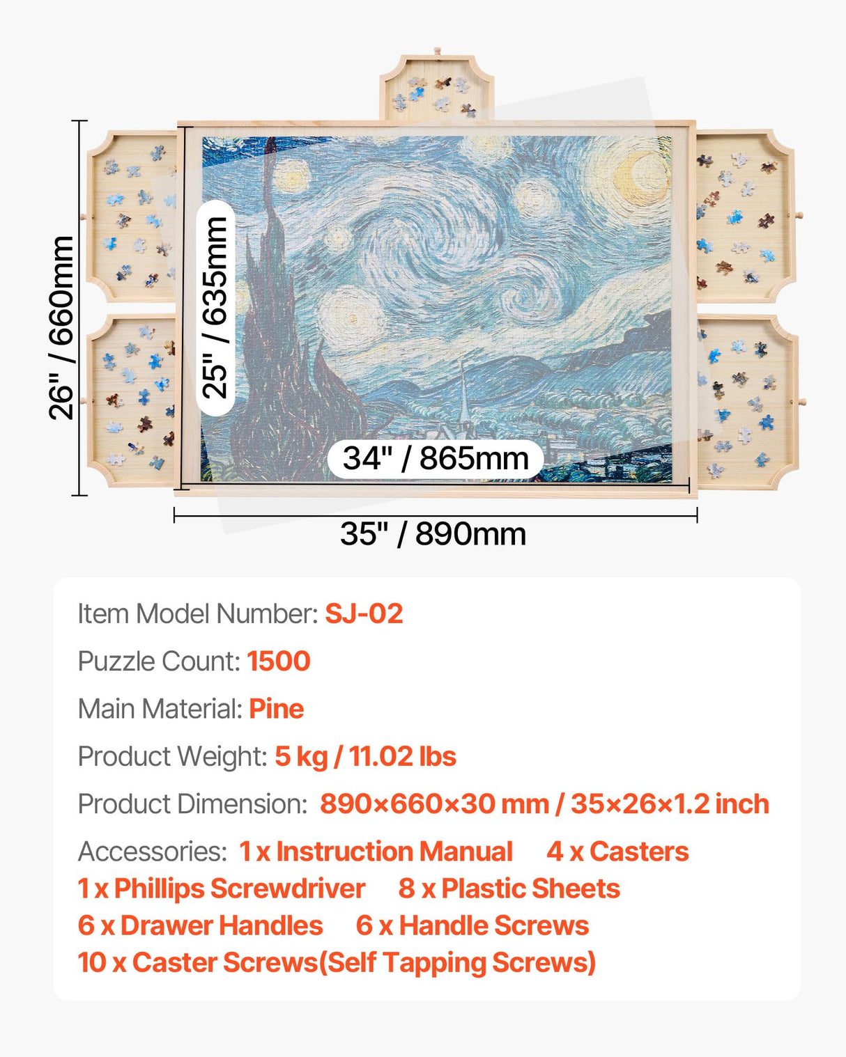 VEVOR 1500 Piece Rotating Puzzle Board with 5 Drawers and Cover, 34x25 inch in Portable Wooden Table, Jigsaw Puzzle Accessories for Adults, Puzzles Organizer Storage System, Birthday Gift for Mom VEVOR