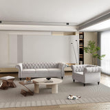 RUSTYER Chesterfield 3 Seater Sofa, Modern Velvet Tufted Couch 3 Seater with Rolled Arms and Nailhead Mid-Century Upholstered Couch for Living Room, Bedroom, Apartment and Office, Grey RUSTYER