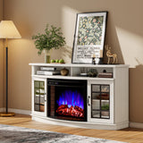 AMERLIFE Curved Fireplace TV Stand with 26'' Electric Fireplace, Media Entertainment Center Farmhouse Glass Door Storage Cabinet, Open Shelve Console Table for TVs up to 65'', Distressed White AMERLIFE