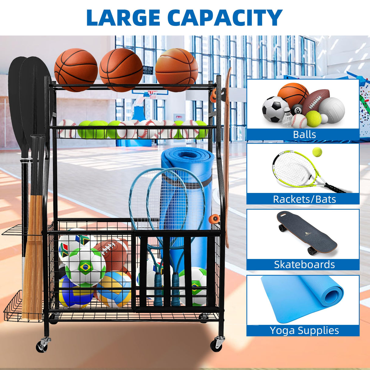 YOUNITA Garage Sports Equipment Organizer, Ball Storage Rack,Garage golf Organizer with Basket and Hooks,Rolling Sports Ball Storage Cart for Toy Gear Storage (45.71 inch) YOUNITA