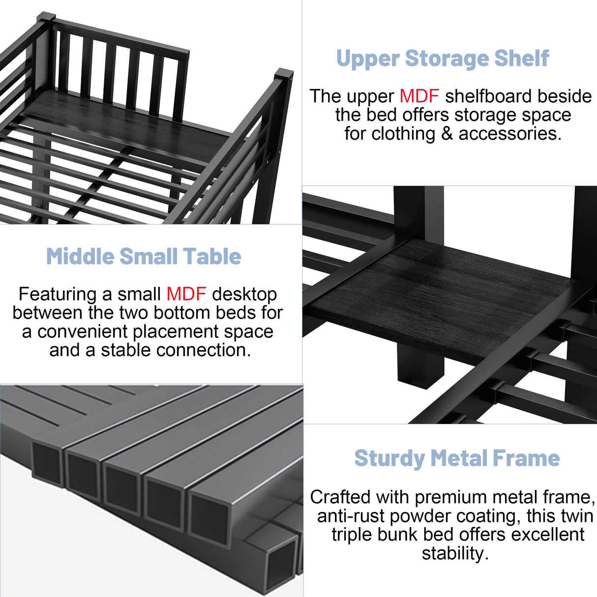 Mirightone Heavy-Duty Triple Bunk Beds for Kids, Metal Triple Twin Bunk Bed, 3 Bed Bunk Beds for Teens Girls Boys,Can be Separated into 3 Twin Beds, Black Mirightone