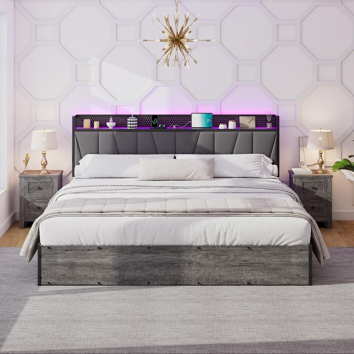 LUXOAK King Size Lift Up Storage Bed Frame with LED Lights, Linen Upholstered Headboard with Charging Station, Wooden LED Light Platform Bed Frame, No Spring Box Needed, Rustic Grey LUXOAK