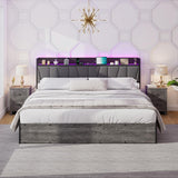 LUXOAK King Size Lift Up Storage Bed Frame with LED Lights, Linen Upholstered Headboard with Charging Station, Wooden LED Light Platform Bed Frame, No Spring Box Needed, Rustic Grey LUXOAK