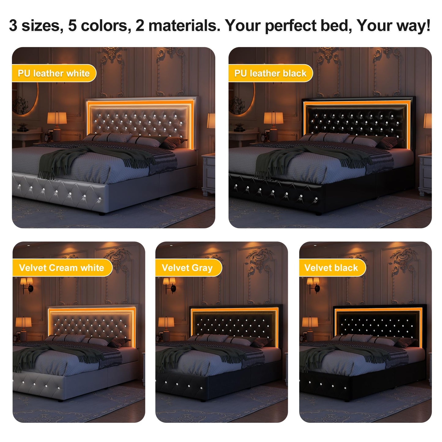 GEGOFORU PU White Queen Bed Frame with LED Lights and Spacious Storage Drawers - WoodArtSupply