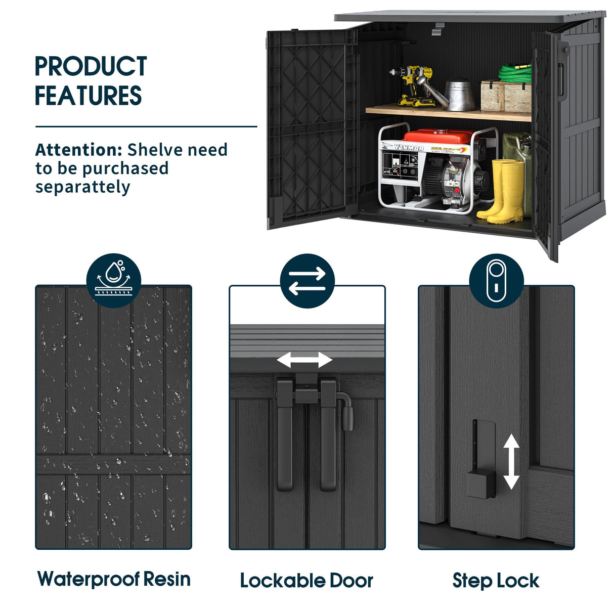 LHBGO Horizontal Storage Shed, Outdoor Resin Storage Shed 36 Cu. Ft. Garden Extra Large Capacity Weather Resistant Storage Box, Lockabl Waterproof Shed for Garbage Cans, Garden Tools,Black LHBGO