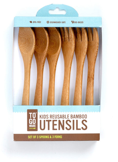 TO GO WARE Kid's Bamboo Reusable Utensils | Dishwasher-Safe | No BPA or Phthalate | Made from Durable, Sustainable Materials | Eco-Conscious | 3 Spoons, 3 Forks (Pack of 6) TO GO WARE