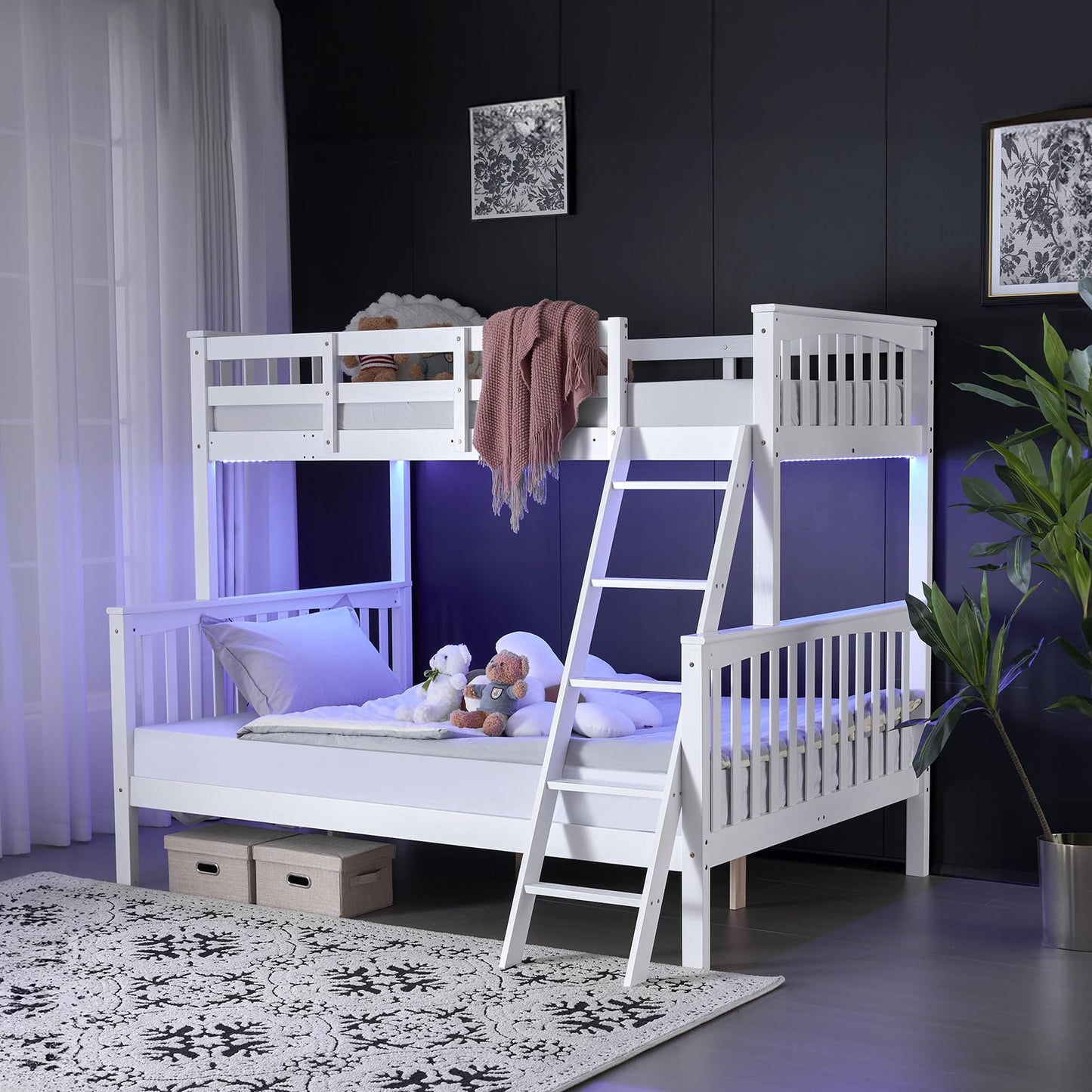 VINGLI Bunk Bed Twin Over Full Size with 15 inches Extra Tall Guardrail/LED Light/Charging Station, Convertible Solid Wood Space-Saving Bed for Small Space, Heavy Duty Wood Slats Support, White