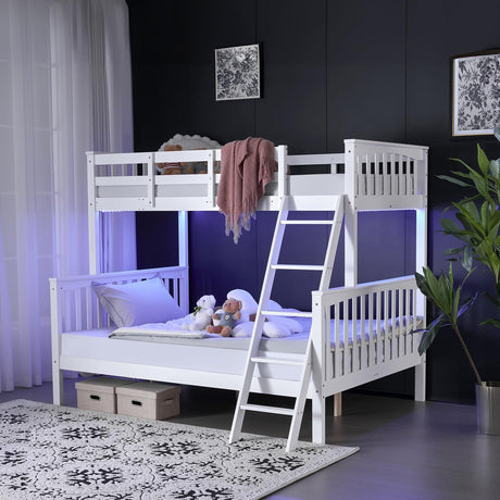 VINGLI Bunk Bed Twin Over Full Size with 15 inches Extra Tall Guardrail/LED Light/Charging Station, Convertible Solid Wood Space-Saving Bed for Small Space, Heavy Duty Wood Slats Support, White VINGLI