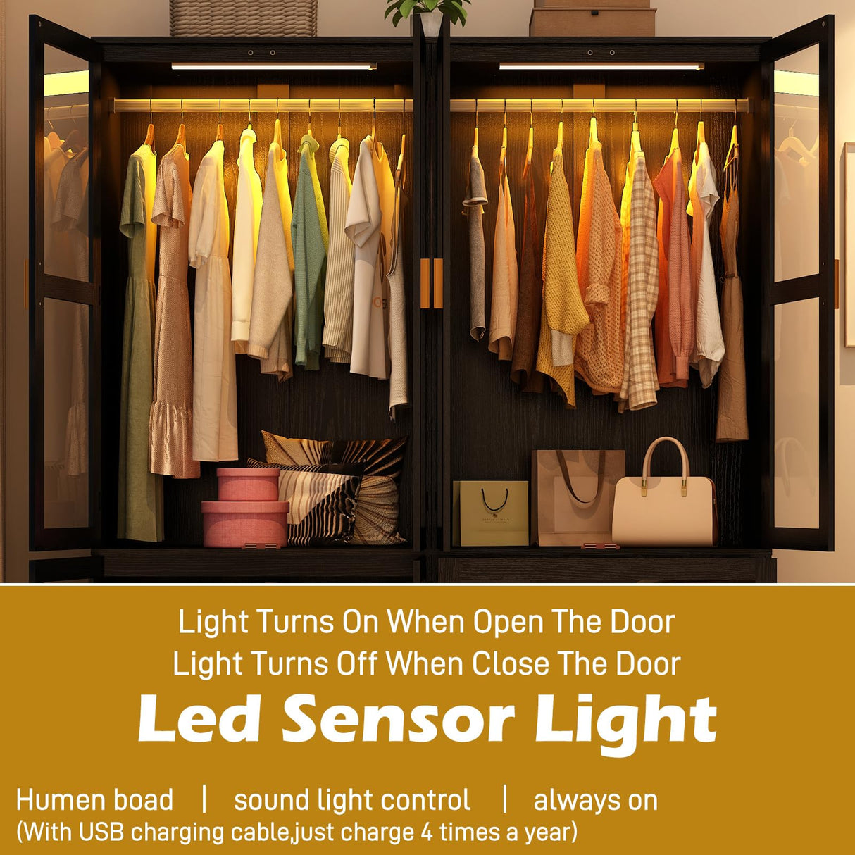 4 Doors Armoire Wardrobe Closet with LED and Mirror,71" H Freestanding Wooden Wardrobe Closet Cabinet for Bedroom w 2 Drawers,Wooden Clothing Storage Cabinet w Hanging Rod,Closets for Bedroom(Black) chartustriable