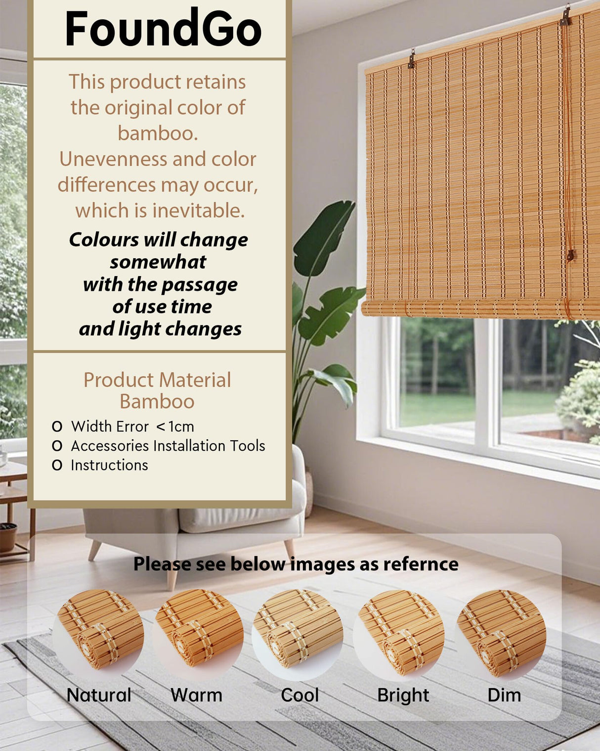 FoundGo 30" W*48" H Bamboo Roller Blinds, Retro Light Filtering Bamboo Curtains for Windows, Doorways FoundGo