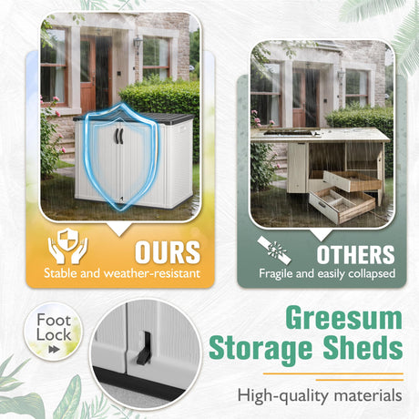 Greesum Outdoor Horizontal Storage Sheds 27 Cu.ft Resin Large Storaged Box Weather Resistance, Without Shelf, Easy to Assemble, Prefect for Garden, Patios, Backyards, White Greesum