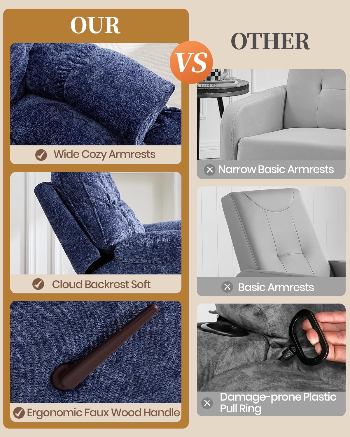 GARTMILAN Oversized Recliner Chair Manual Swivel Rocker Recliner for Living Room Chenille Overstuffed Nursery Reclining Sofa Chair Rocking Recliners for Adults 375lbs (Manual, Blue) GARTMILAN