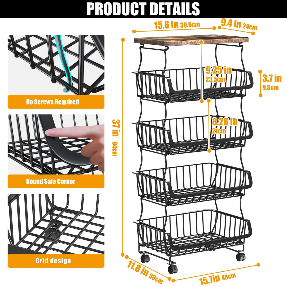 Gsiekare Fruit Vegetable Basket for Kitchen, 5 Tier Stackable Fruit Vegetable Storage Baskets with Wheels, Metal Wire Storage Basket Organizer Baskets for Kitchen, Pantry, Bathroom Gsiekare
