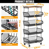 Gsiekare Fruit Vegetable Basket for Kitchen, 5 Tier Stackable Fruit Vegetable Storage Baskets with Wheels, Metal Wire Storage Basket Organizer Baskets for Kitchen, Pantry, Bathroom Gsiekare